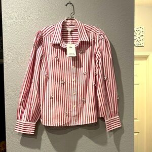 Red and White Striped Shirt with Floral Details